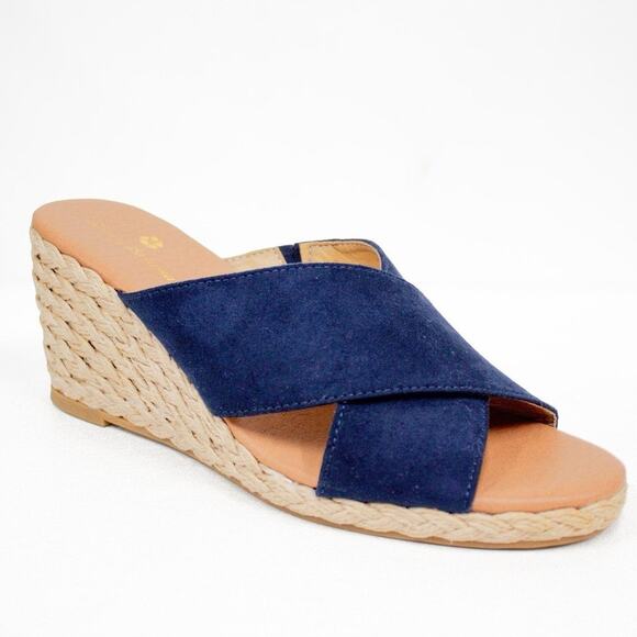 TOMMY BAHAMA Wedge Espadrille Cloth Sandal in Navy Blue & Beige Women's Size 10 - Picture 1 of 10